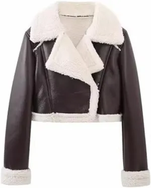 loveimgs Women's Faux Leather Shearing Winter Warm Short Coat Thick Fur Lined Faux Leather Jacket