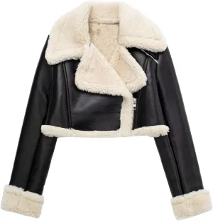 loveimgs Women's Faux Leather Shearing Winter Warm Short Coat Thick Fur Lined Faux Leather Jacket
