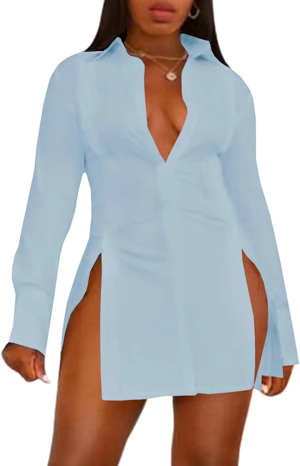 LYANER Women's Button Down Shirt Dress Collar V Neck Long Sleeve Slit Sexy Shirt Dresses