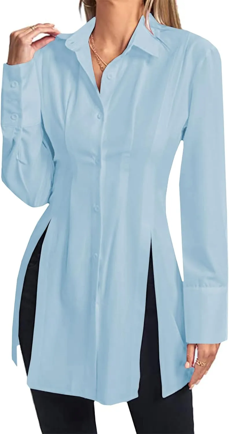 LYANER Women's Button Down Shirt Dress Collar V Neck Long Sleeve Slit Sexy Shirt Dresses
