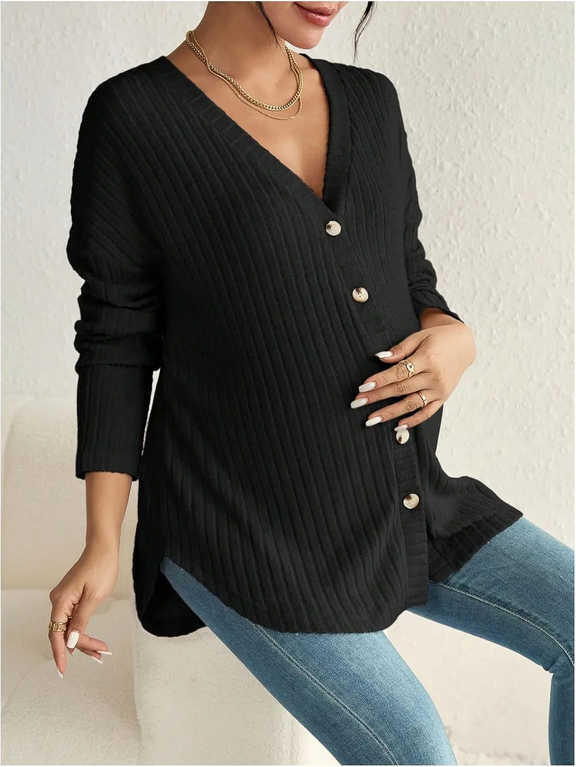 MakeMeChic Women's Maternity Long Sleeve Shirt Knit Nursing Tee Tops Button Down Shirt