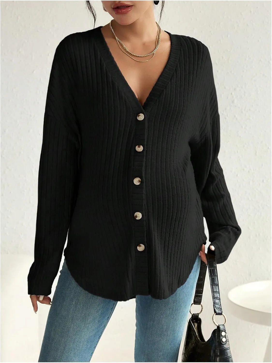 MakeMeChic Women's Maternity Long Sleeve Shirt Knit Nursing Tee Tops Button Down Shirt