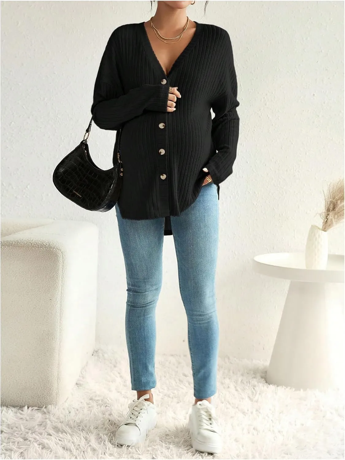 MakeMeChic Women's Maternity Long Sleeve Shirt Knit Nursing Tee Tops Button Down Shirt
