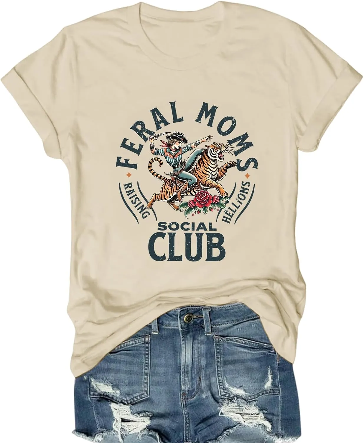Mama Shirts for Women Cool Feral Moms Social Club T-Shirt Vintage Western Graphic Shirt Funny Mothers Day Tee Tops