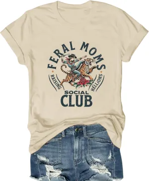 Mama Shirts for Women Cool Feral Moms Social Club T-Shirt Vintage Western Graphic Shirt Funny Mothers Day Tee Tops