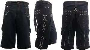 Men Black Punk Shorts Gothic Black Cotton Shorts Punk Emo Shorts Red Stitching with Zipper/USA