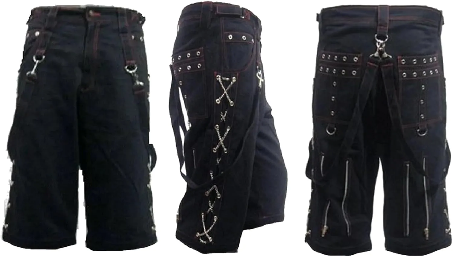 Men Black Punk Shorts Gothic Black Cotton Shorts Punk Emo Shorts Red Stitching with Zipper/USA
