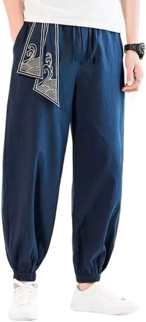 Men Chinese Style Harem Pants Sports Casual Trousers Streetwear Pants Navy L