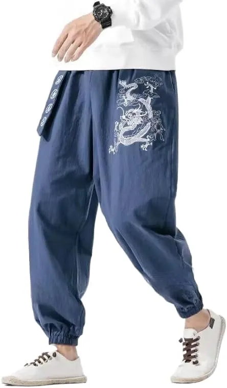 Men Chinese Style Harem Pants Sports Casual Trousers Streetwear Pants Navy M