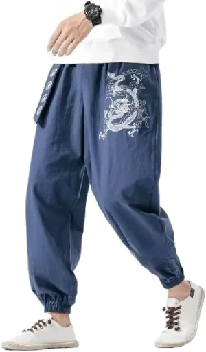 Men Chinese Style Harem Pants Sports Casual Trousers Streetwear Pants Navy M