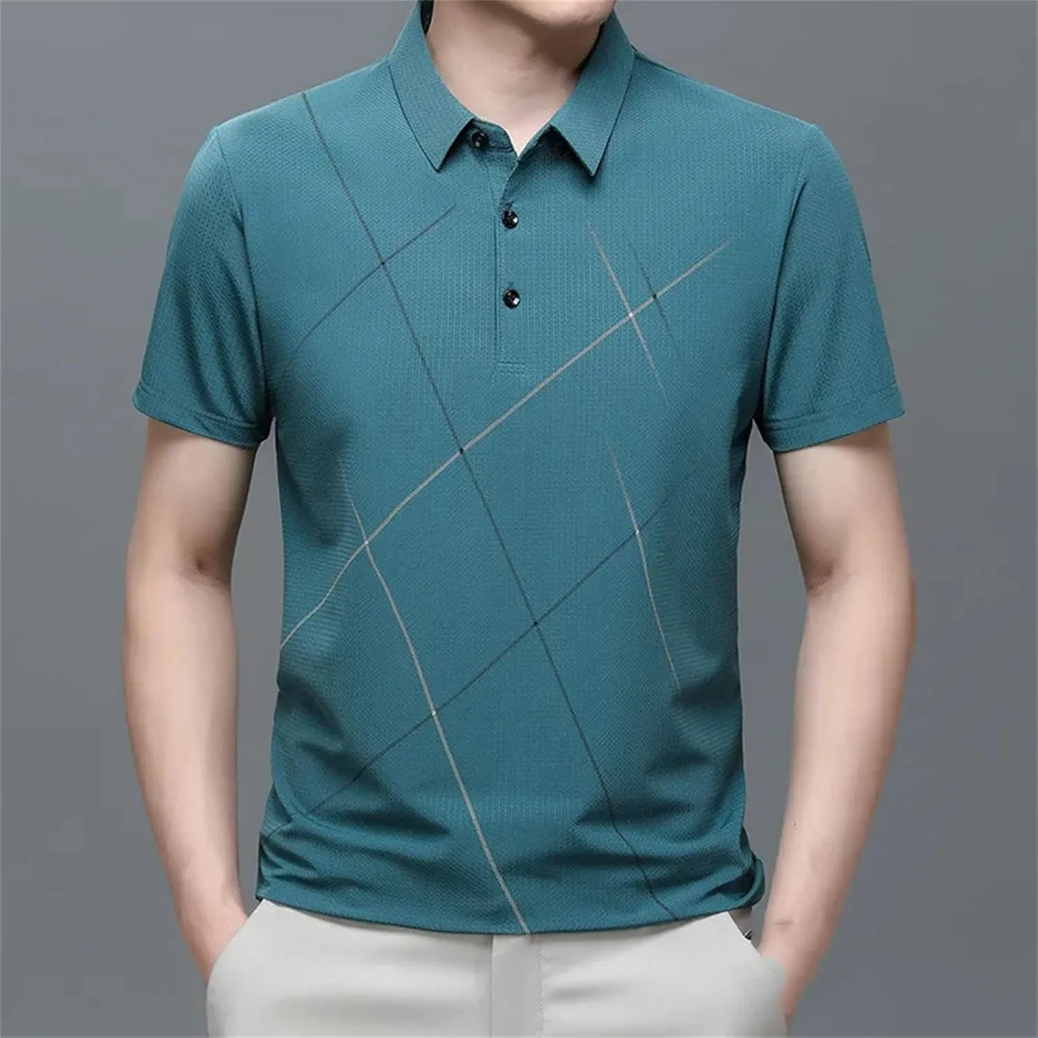 Men Summer Striped Polo Shirt Classic Fit Casual Short Sleeve Elasticity Quick-Dry Golf Shirt Tops