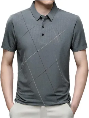 Men Summer Striped Polo Shirt Classic Fit Casual Short Sleeve Elasticity Quick-Dry Golf Shirt Tops