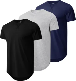 Mens 3 Pack Plain Cotton Shirts Short Sleeve Casual Crew Neck T-Shirts Hipster Hip Hop Longline Tees Drop Cut Curved Hem