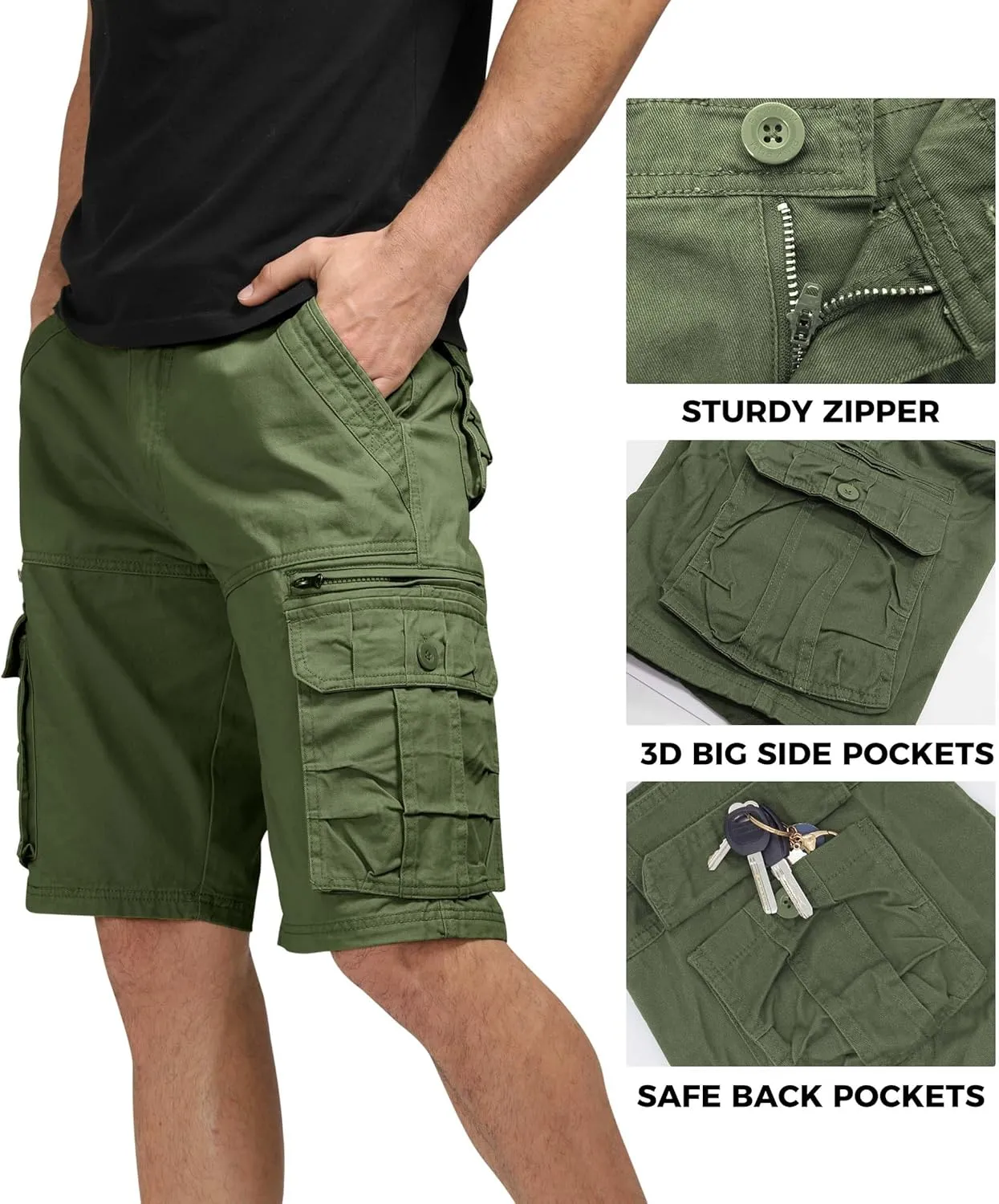 Mens Cargo Shorts Cotton Work Shorts Multi Pocket Casual Workout Shorts for Men NO Belt