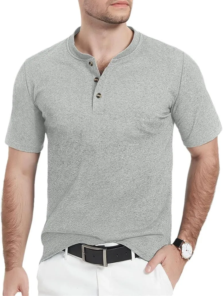 Men's Cotton Short Sleeve Henry Neck Tee Shirts Summer Lightweight Quick Dry Tee Shirts Casual Tops