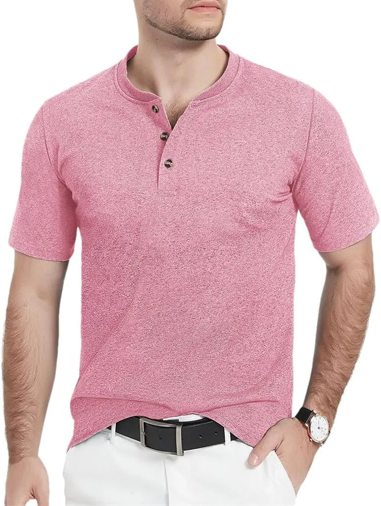 Men's Cotton Short Sleeve Henry Neck Tee Shirts Summer Lightweight Quick Dry Tee Shirts Casual Tops