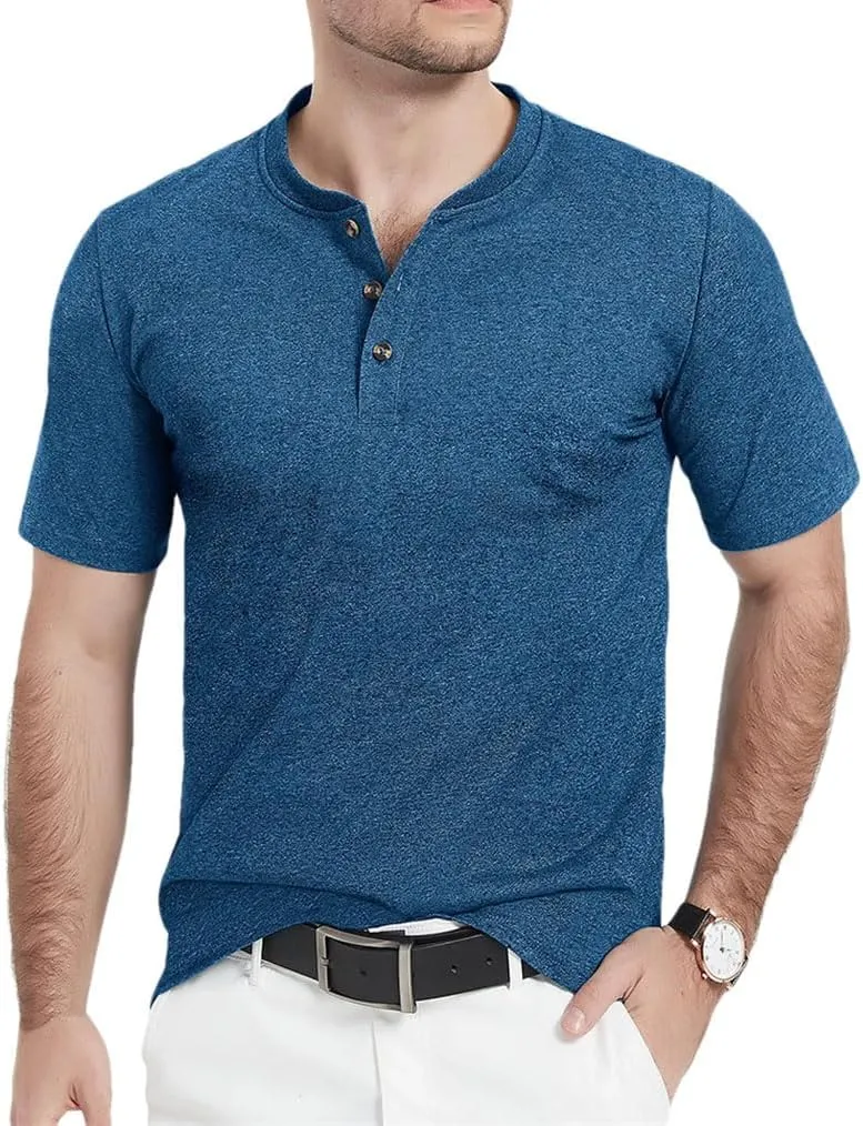 Men's Cotton Short Sleeve Henry Neck Tee Shirts Summer Lightweight Quick Dry Tee Shirts Casual Tops
