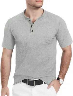 Men's Cotton Short Sleeve Henry Neck Tee Shirts Summer Lightweight Quick Dry Tee Shirts Casual Tops