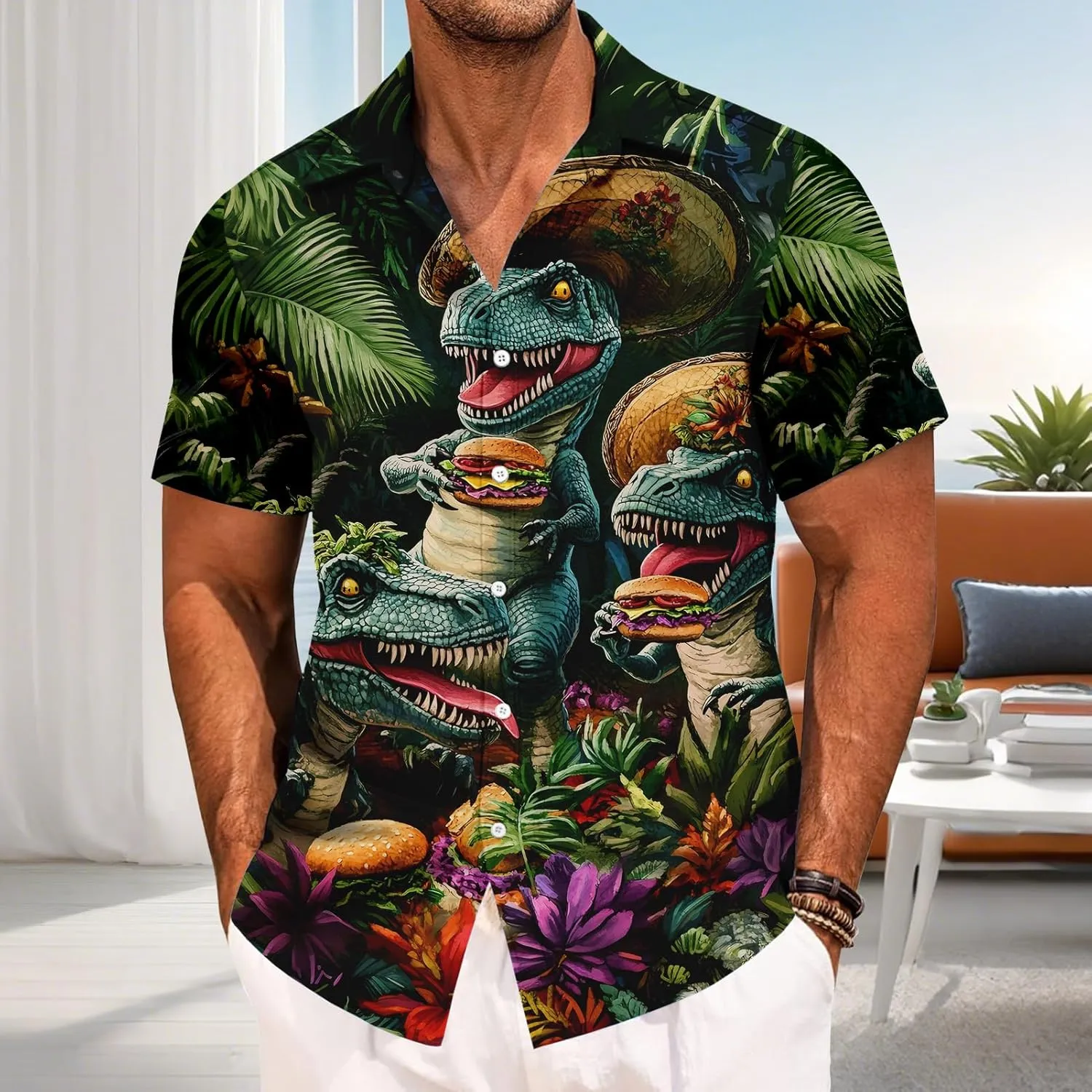 Mens Dinosaur Shirt | Hawaiian Printed Button Down Shirt,Quick-Dry Lapel Loose Clothes, Travel Daily Wear