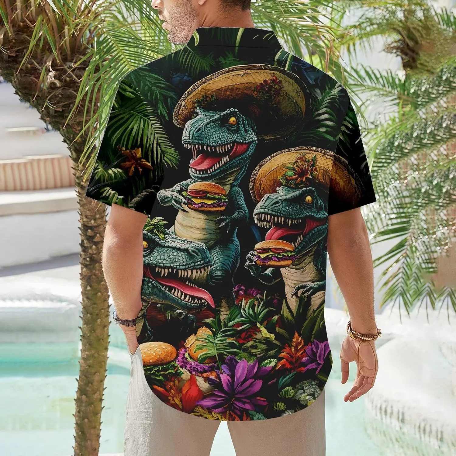 Mens Dinosaur Shirt | Hawaiian Printed Button Down Shirt,Quick-Dry Lapel Loose Clothes, Travel Daily Wear
