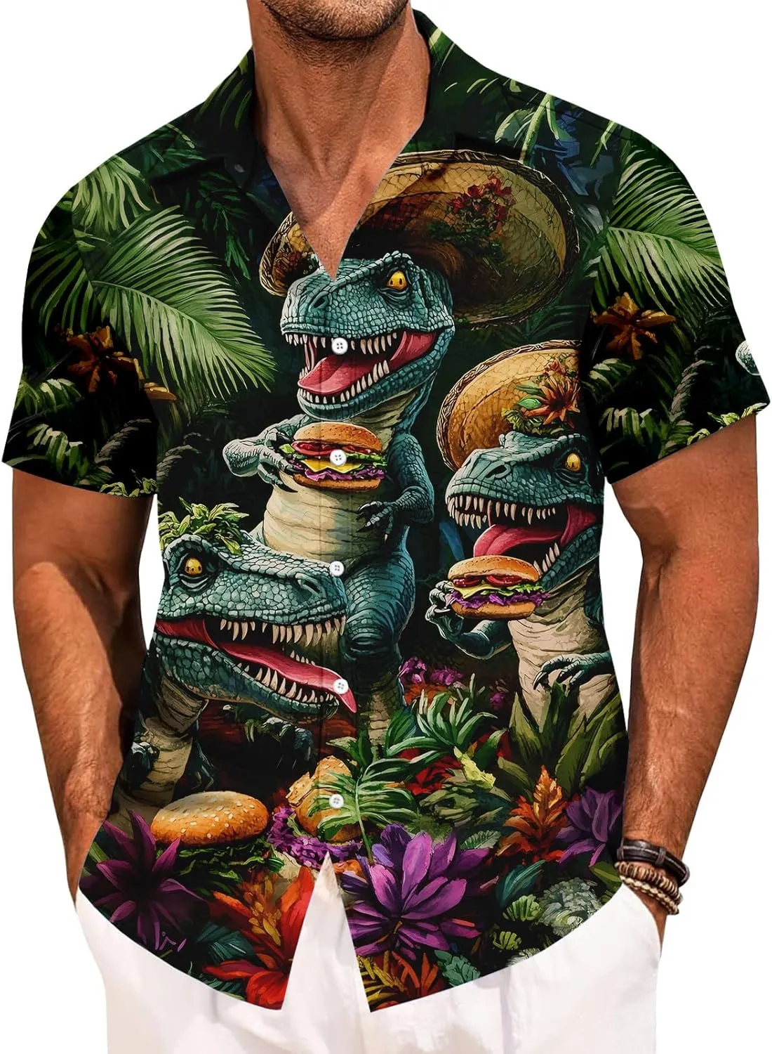 Mens Dinosaur Shirt | Hawaiian Printed Button Down Shirt,Quick-Dry Lapel Loose Clothes, Travel Daily Wear