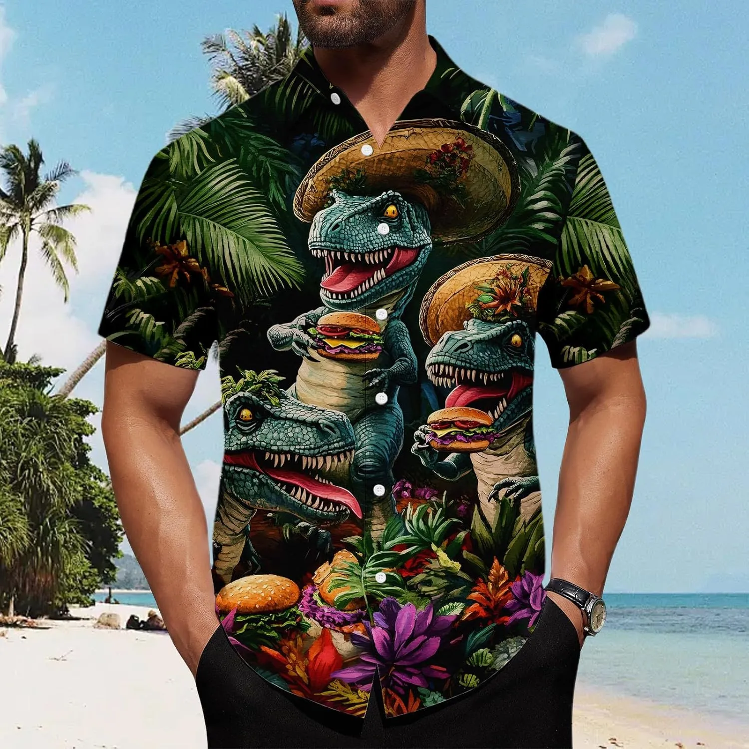 Mens Dinosaur Shirt | Hawaiian Printed Button Down Shirt,Quick-Dry Lapel Loose Clothes, Travel Daily Wear
