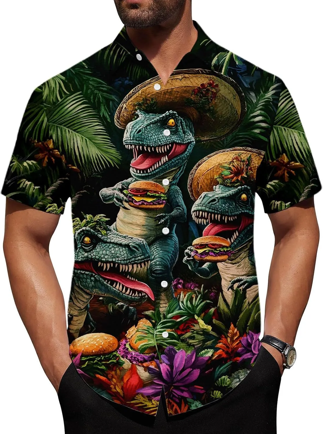 Mens Dinosaur Shirt | Hawaiian Printed Button Down Shirt,Quick-Dry Lapel Loose Clothes, Travel Daily Wear