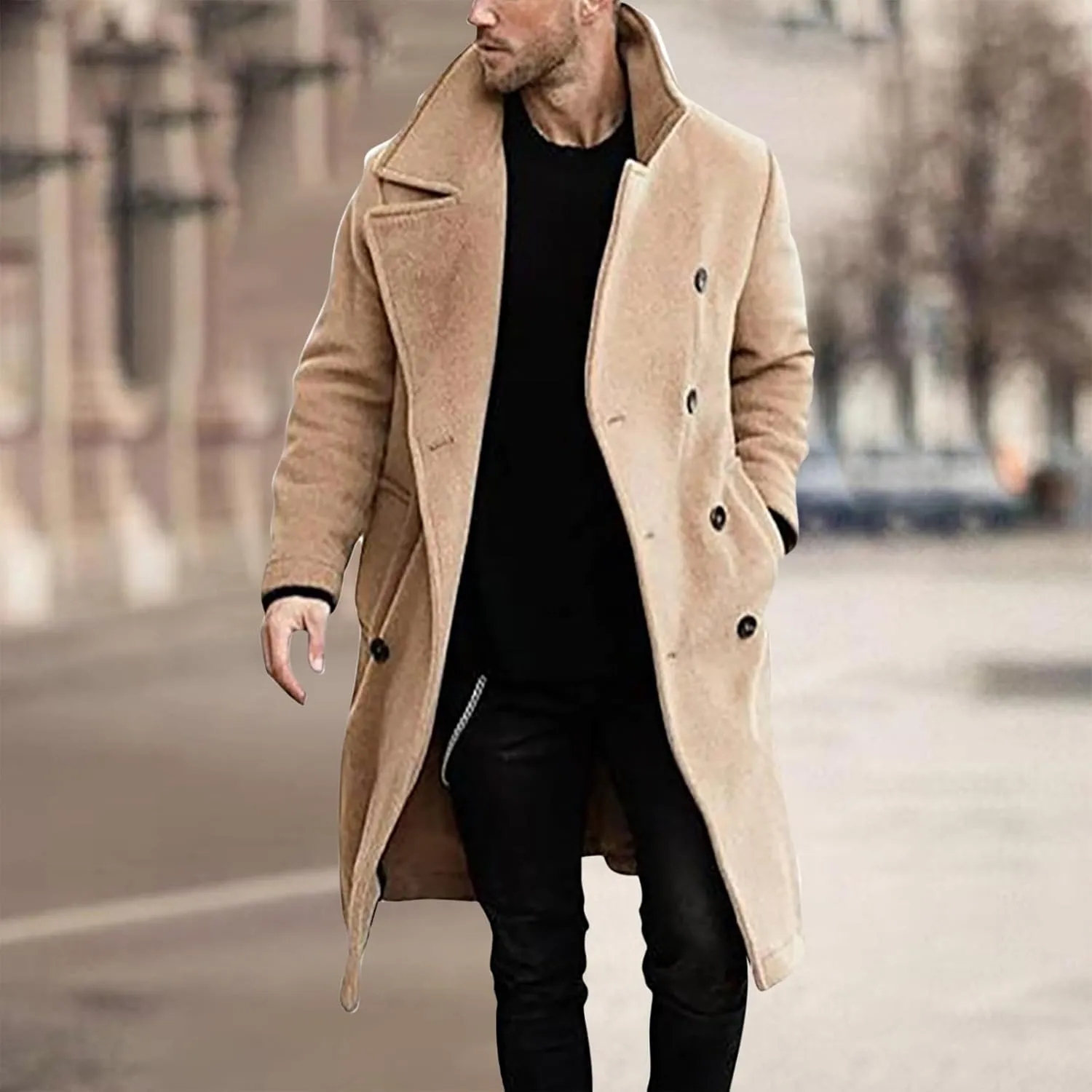Mens Double Breasted Trench Coat Casual Lapel Collar Business Winter Long Overcoats Solid Color Men Warm Outwear