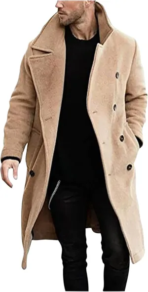 Mens Double Breasted Trench Coat Casual Lapel Collar Business Winter Long Overcoats Solid Color Men Warm Outwear