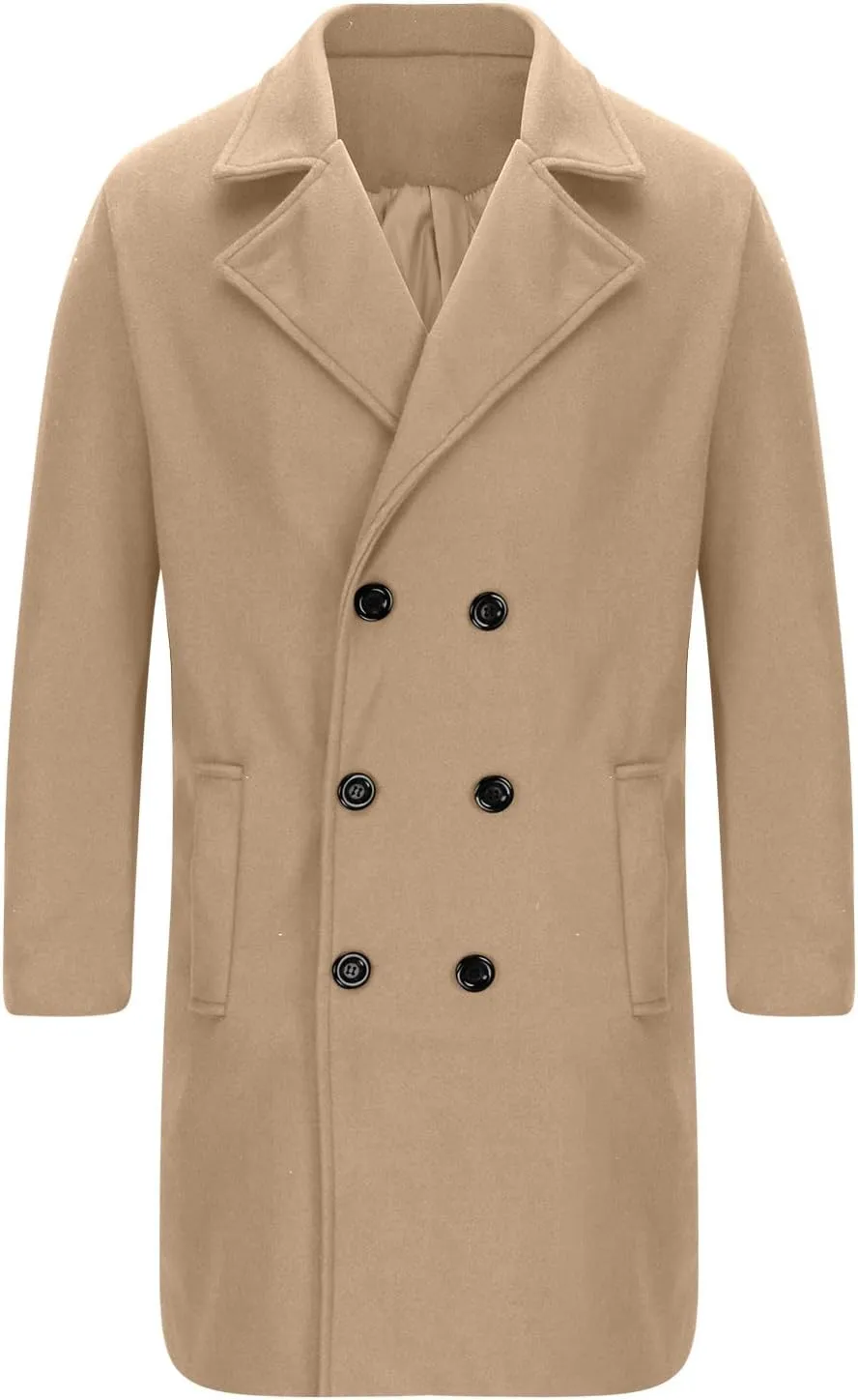 Mens Double Breasted Trench Coat Casual Lapel Collar Business Winter Long Overcoats Solid Color Men Warm Outwear