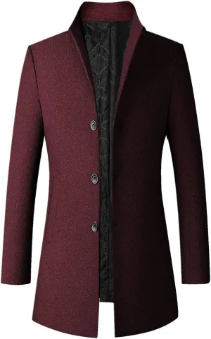 Men's Double Breasted Trench Coat Solid Color Long Sleeved Stand-collar Trench Fit Formal Mid-Length Classic Top