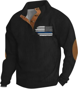 Mens Fashion Fall Sweatshirts For Corduroy Vintage Stand Collar Button Print Long Sleeve Casual Pullover Sweater