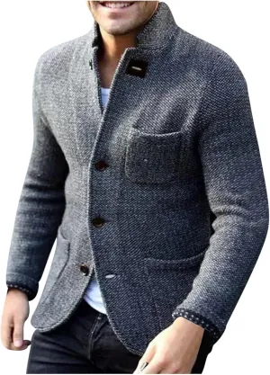 Mens Fashion Knitted Blazers Sweaters Button Down Stand Collar Cardigan Long Sleeve Casual Sweater with Pockets