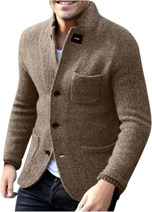 Mens Fashion Knitted Blazers Sweaters Button Down Stand Collar Cardigan Long Sleeve Casual Sweater with Pockets
