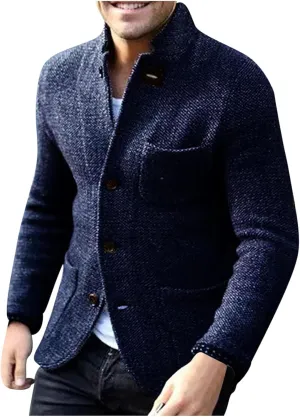 Mens Fashion Knitted Blazers Sweaters Button Down Stand Collar Cardigan Long Sleeve Casual Sweater with Pockets