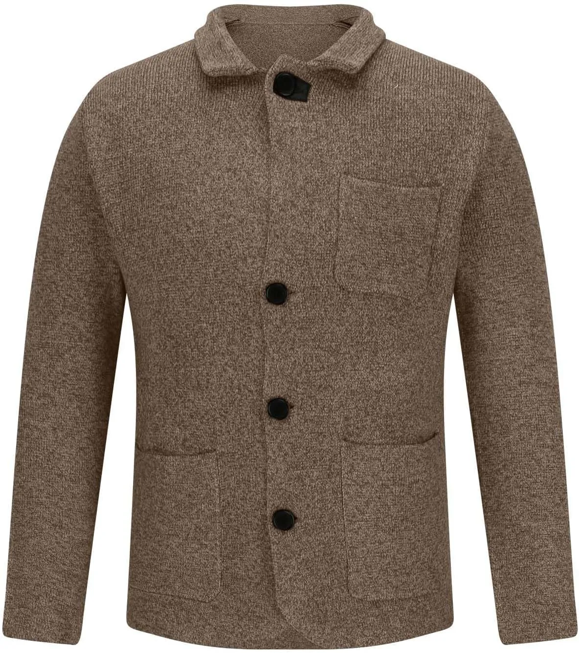 Mens Fashion Knitted Blazers Sweaters Button Down Stand Collar Cardigan Long Sleeve Casual Sweater with Pockets