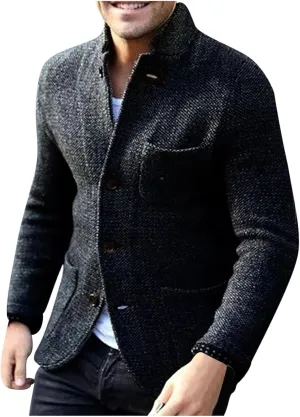 Mens Fashion Knitted Blazers Sweaters Button Down Stand Collar Cardigan Long Sleeve Casual Sweater with Pockets