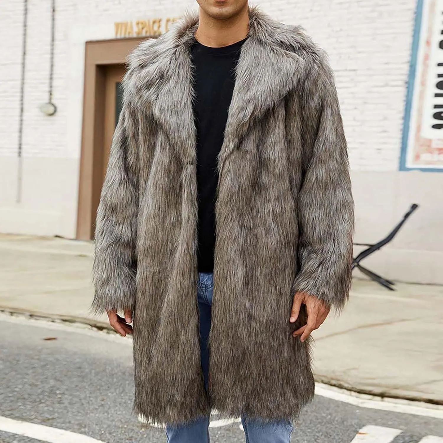 Men's Faux Fur Coat Long Open Front Cardigan Winter Fuzzy Fleece Jacket Warm Overcoat Turn Down Collar Coat