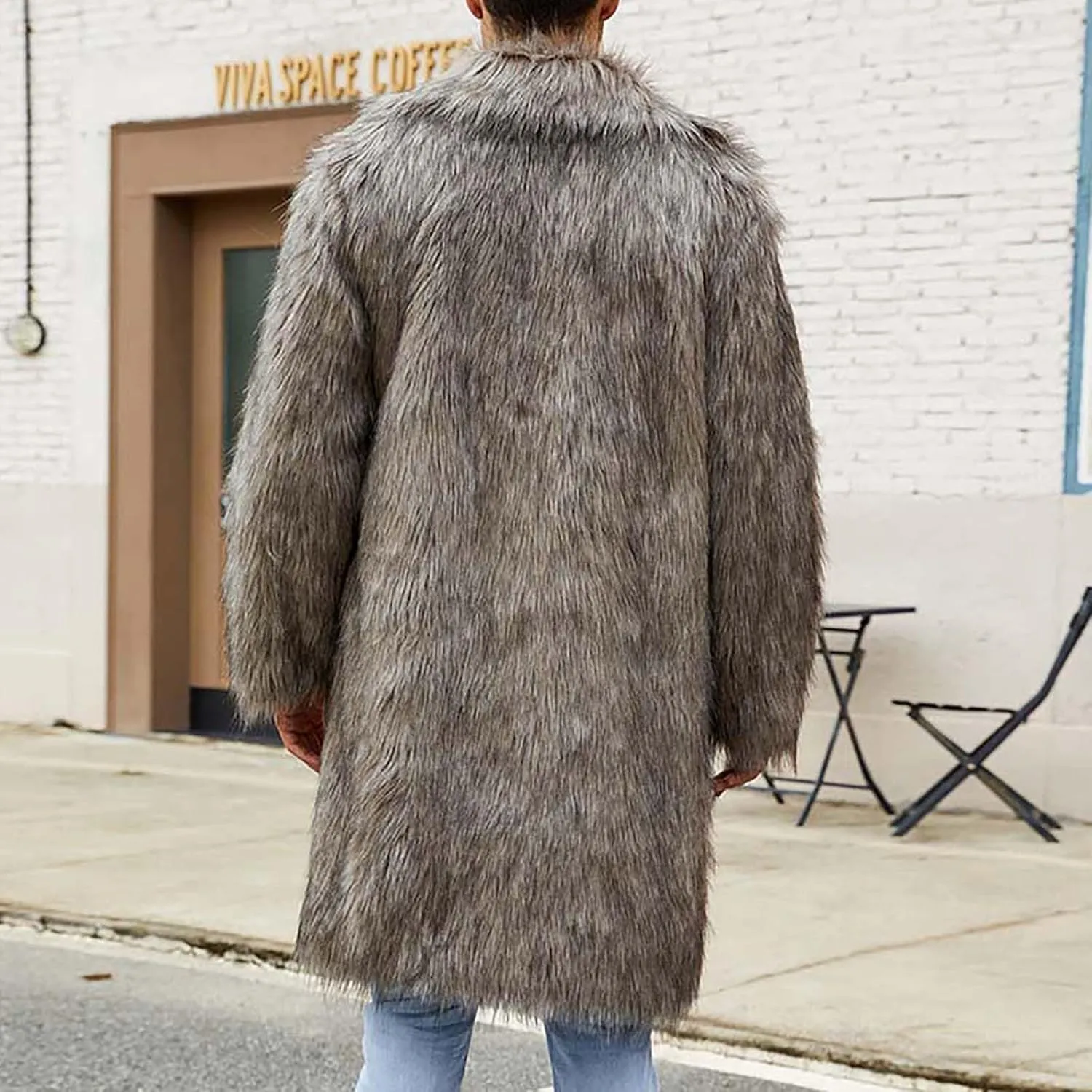 Men's Faux Fur Coat Long Open Front Cardigan Winter Fuzzy Fleece Jacket Warm Overcoat Turn Down Collar Coat