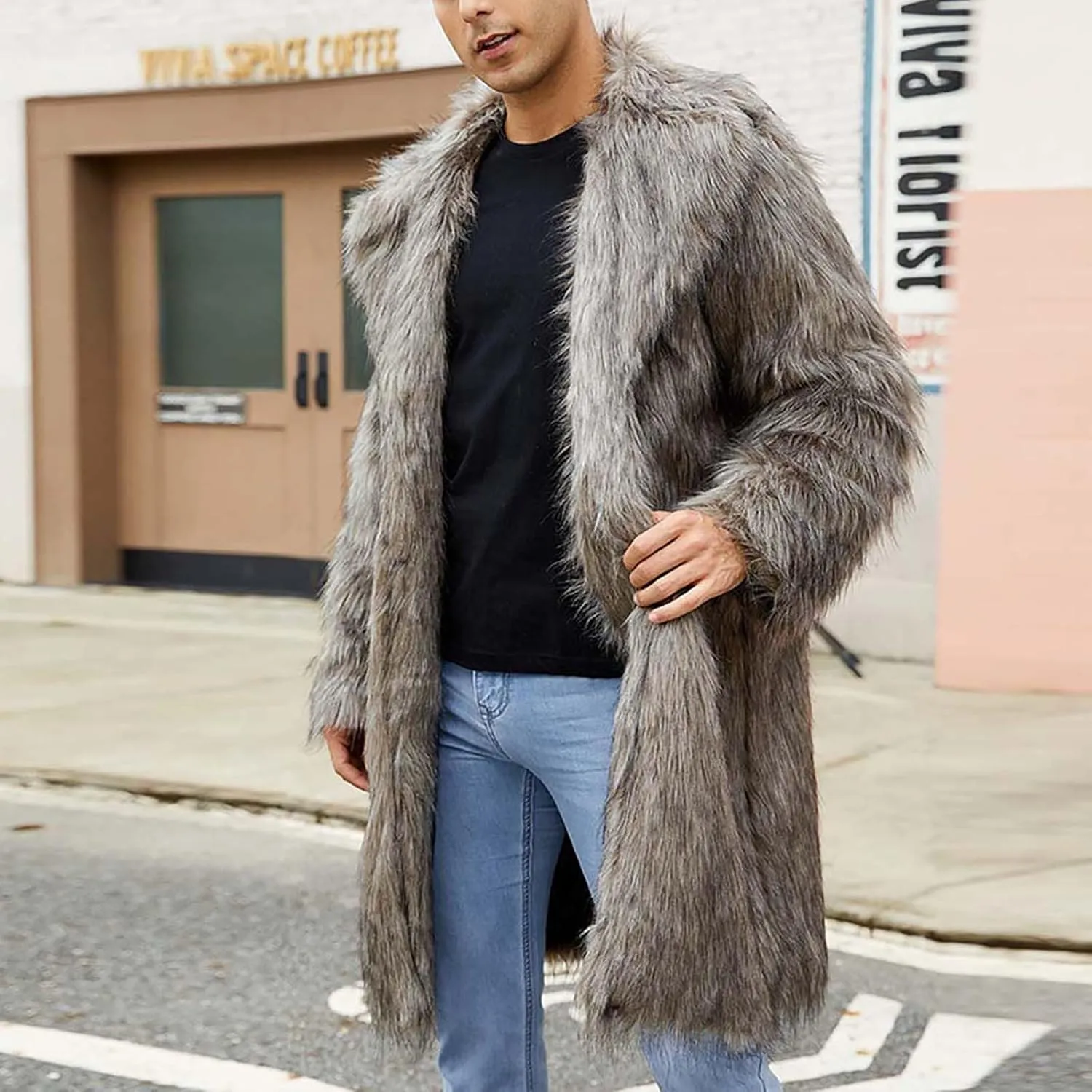 Men's Faux Fur Coat Long Open Front Cardigan Winter Fuzzy Fleece Jacket Warm Overcoat Turn Down Collar Coat
