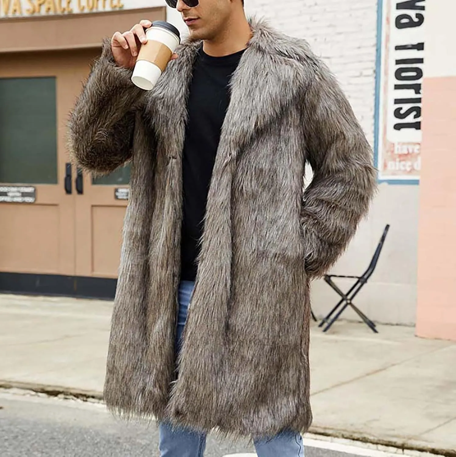 Men's Faux Fur Coat Long Open Front Cardigan Winter Fuzzy Fleece Jacket Warm Overcoat Turn Down Collar Coat
