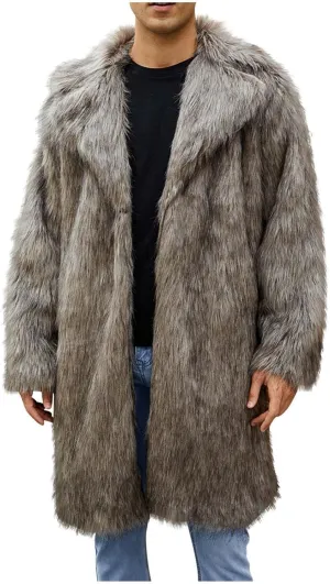 Men's Faux Fur Coat Long Open Front Cardigan Winter Fuzzy Fleece Jacket Warm Overcoat Turn Down Collar Coat
