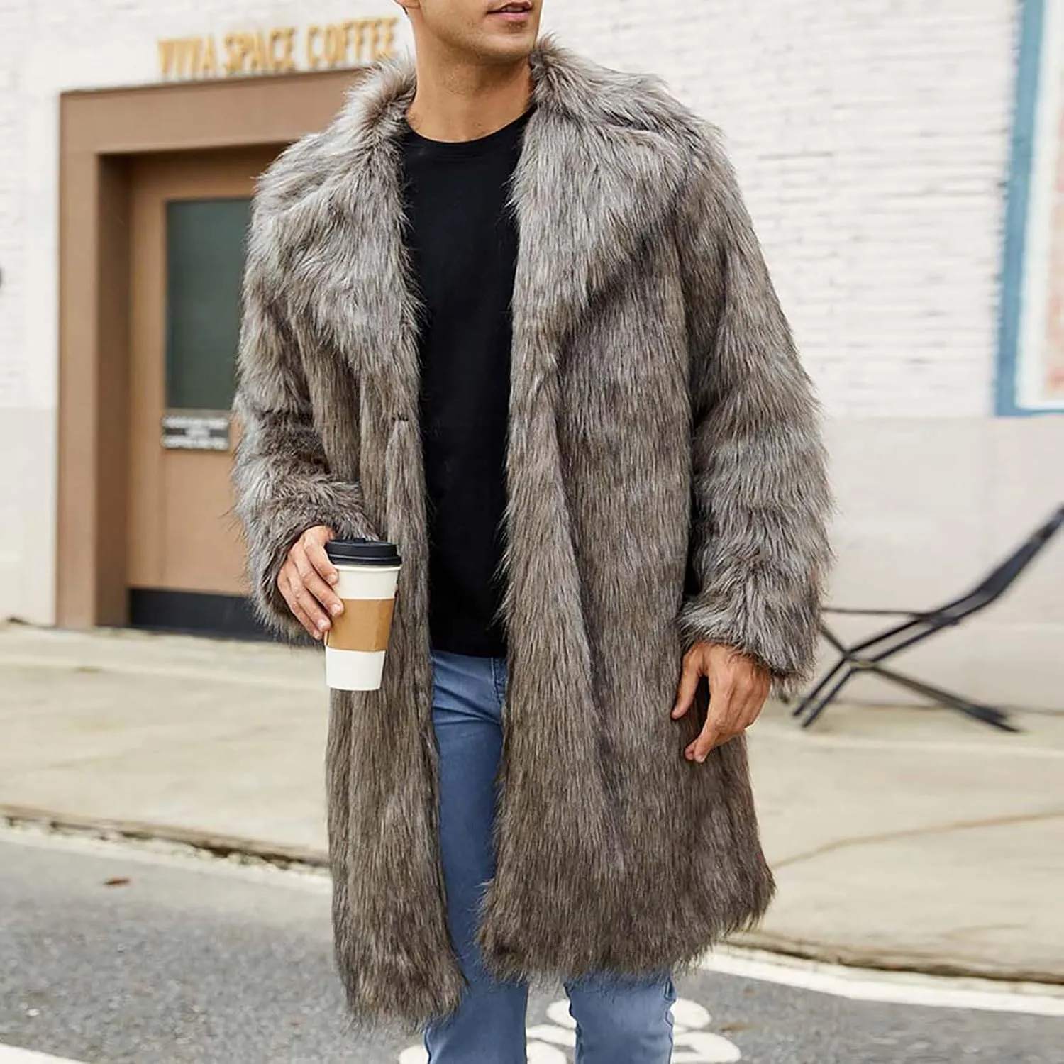 Men's Faux Fur Coat Long Open Front Cardigan Winter Fuzzy Fleece Jacket Warm Overcoat Turn Down Collar Coat