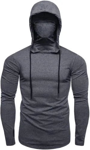 Mens Hoodie with Face_Mask Halloween Turtleneck Compression Top Quick Dry Baselayer Running Long Sleeve Sportwear