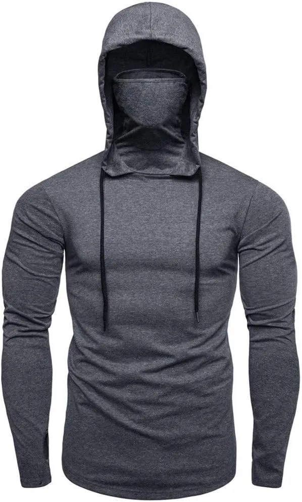 Mens Hoodie with Face_Mask Halloween Turtleneck Compression Top Quick Dry Baselayer Running Long Sleeve Sportwear