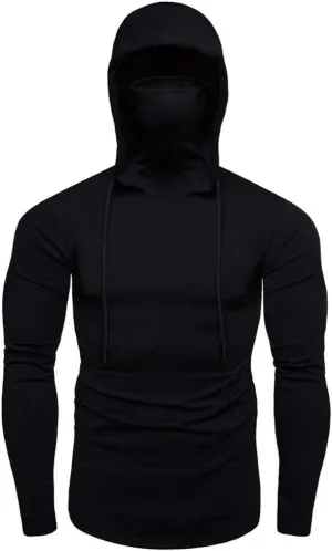 Mens Hoodie with Face_Mask Halloween Turtleneck Compression Top Quick Dry Baselayer Running Long Sleeve Sportwear