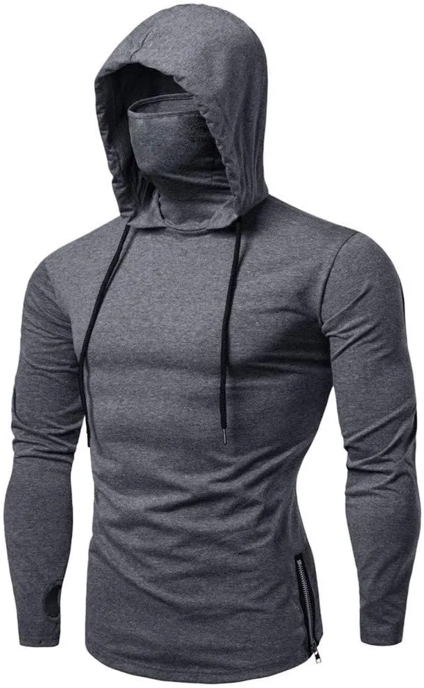 Mens Hoodie with Face_Mask Halloween Turtleneck Compression Top Quick Dry Baselayer Running Long Sleeve Sportwear