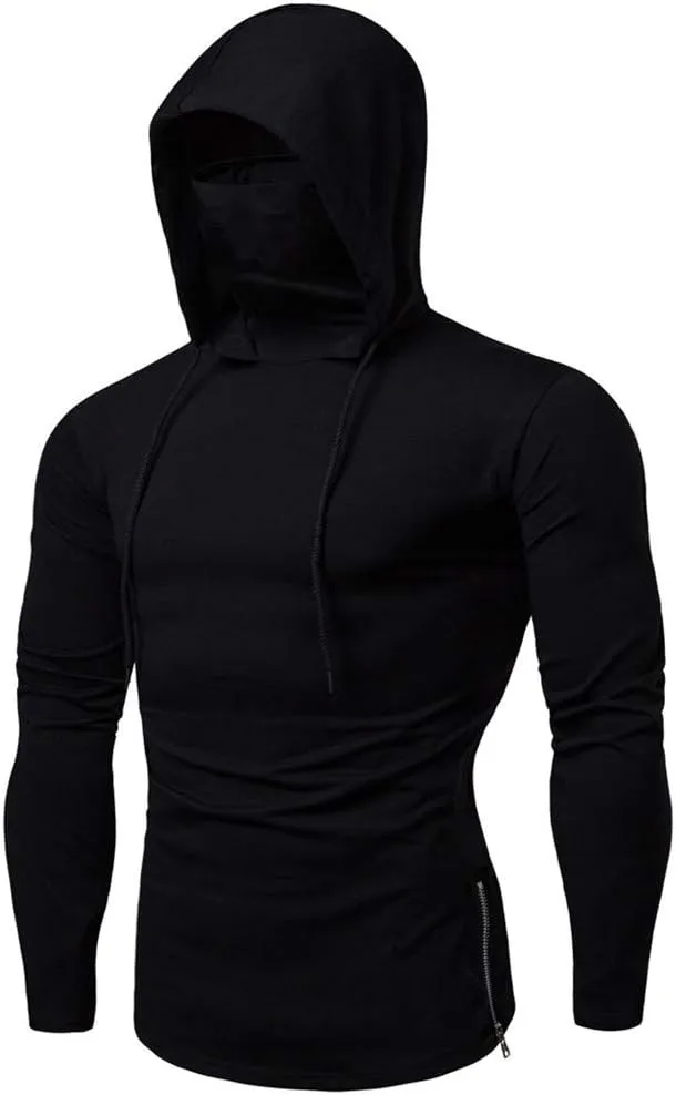 Mens Hoodie with Face_Mask Halloween Turtleneck Compression Top Quick Dry Baselayer Running Long Sleeve Sportwear