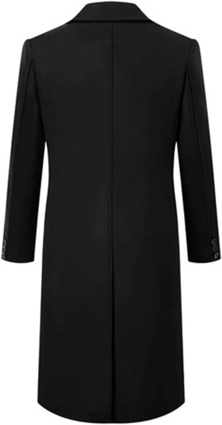 Mens Lapel Overcoat Winter Warm Wool Long Coats Double Breasted Solid Woolen Blend Peacoat Button Up Long Jackets