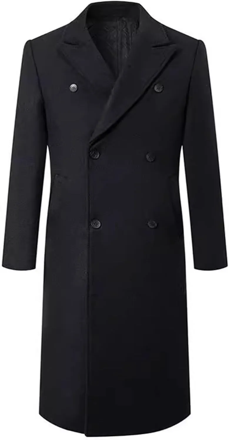 Mens Lapel Overcoat Winter Warm Wool Long Coats Double Breasted Solid Woolen Blend Peacoat Button Up Long Jackets